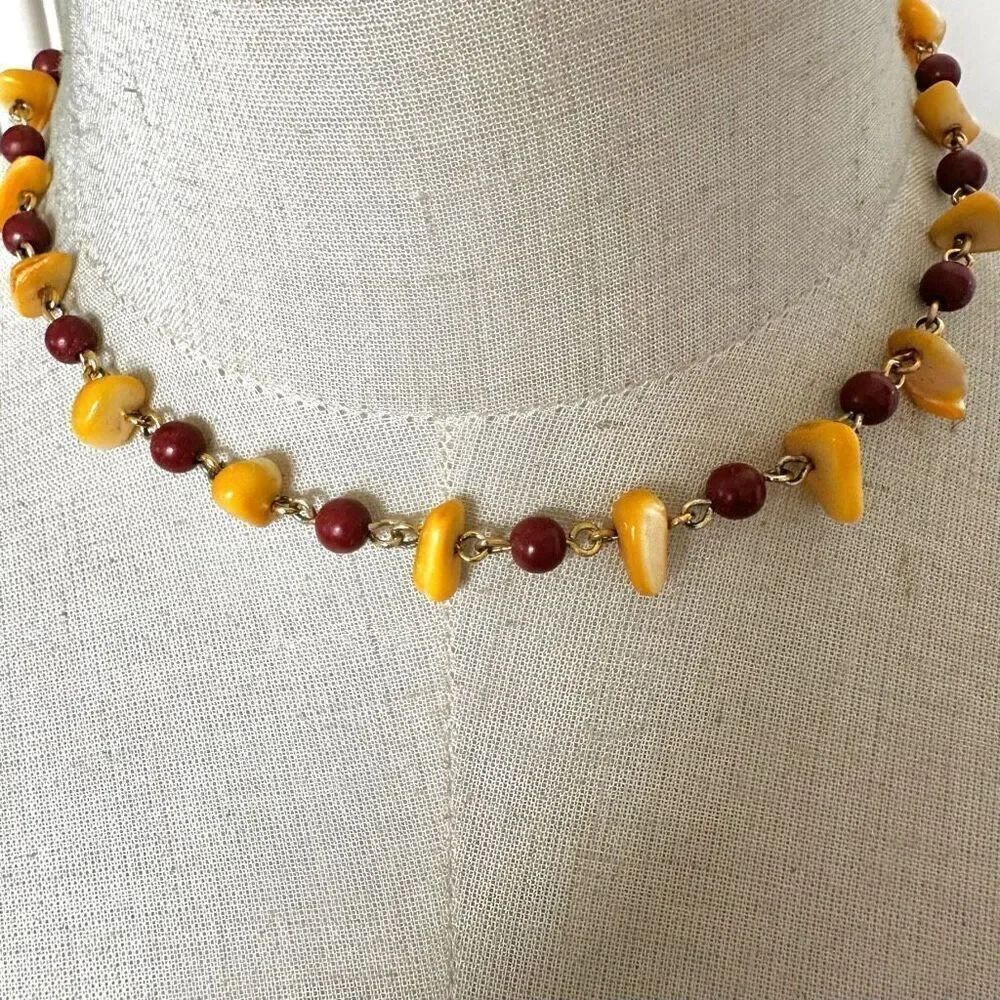 Yellow abalone and orange/brown beaded choker necklace